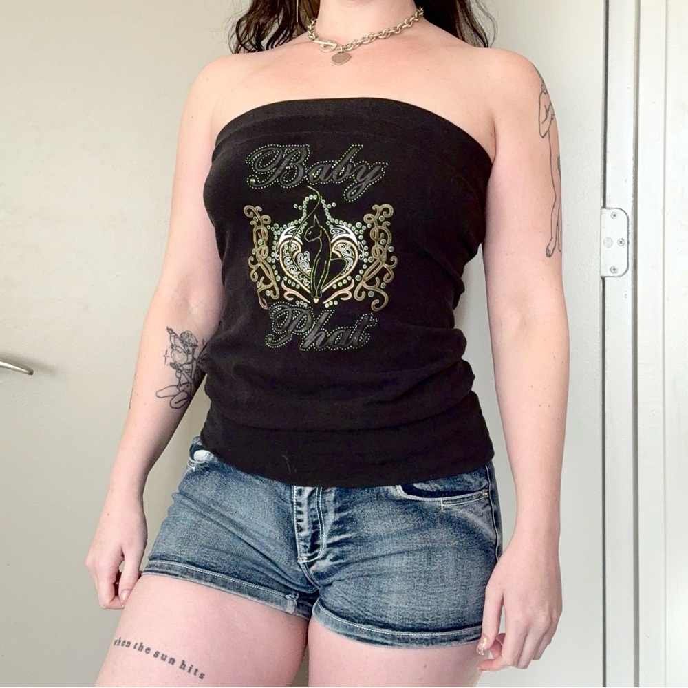 RARE Sz S/M Y2K Vintage Baby Phat Logo Graphic Black And Gold Glitter Tube Top